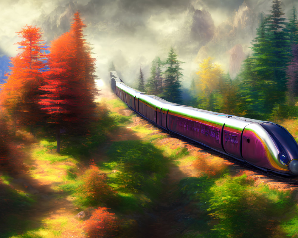 Digital Artwork: Futuristic Train in Autumn Forest