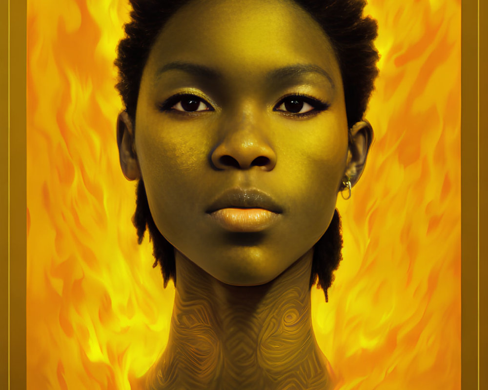 Portrait of person with short hair on gold background surrounded by flames and tribal neck pattern