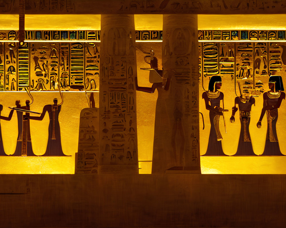 Ancient Egyptian hieroglyphics and figures in golden light on columned wall