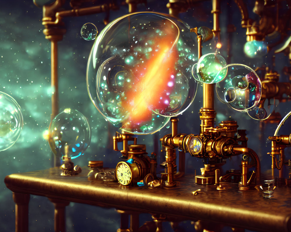 Steampunk laboratory with glowing bubbles in cosmic setting