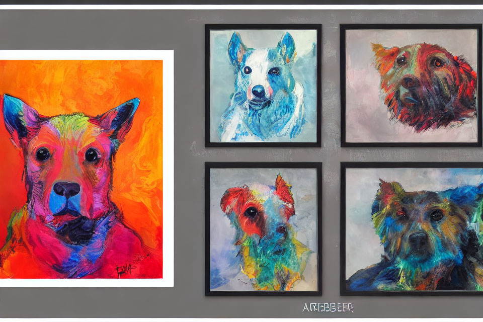 Colorful Dog Paintings Displayed on Dark Wall
