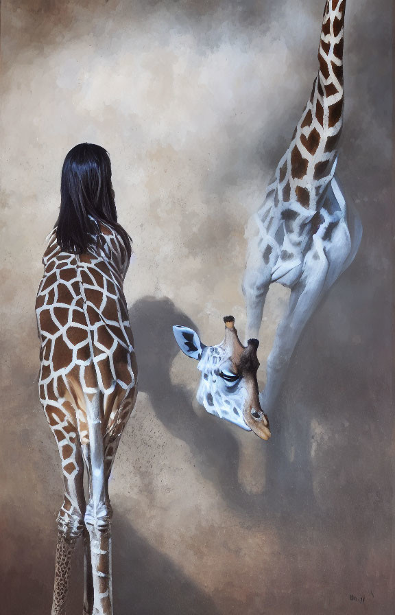 Woman with long dark hair in giraffe-patterned dress faces giraffe