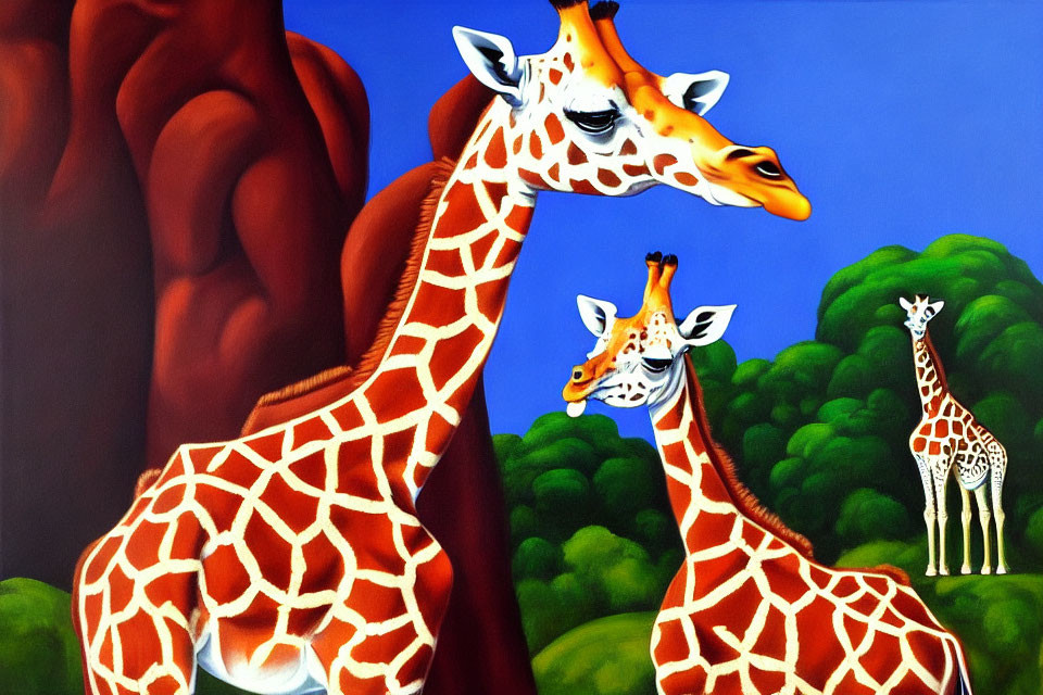 Colorful painting of three giraffes in different poses against a blue sky