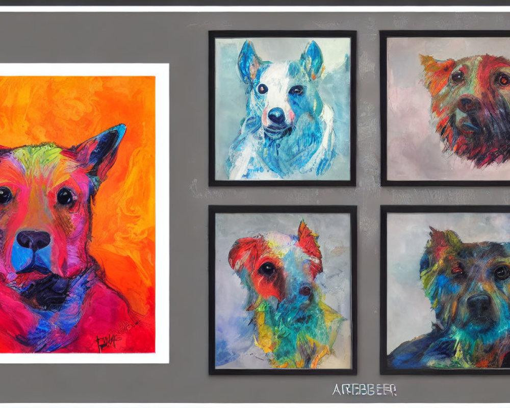 Colorful Dog Paintings Displayed on Dark Wall