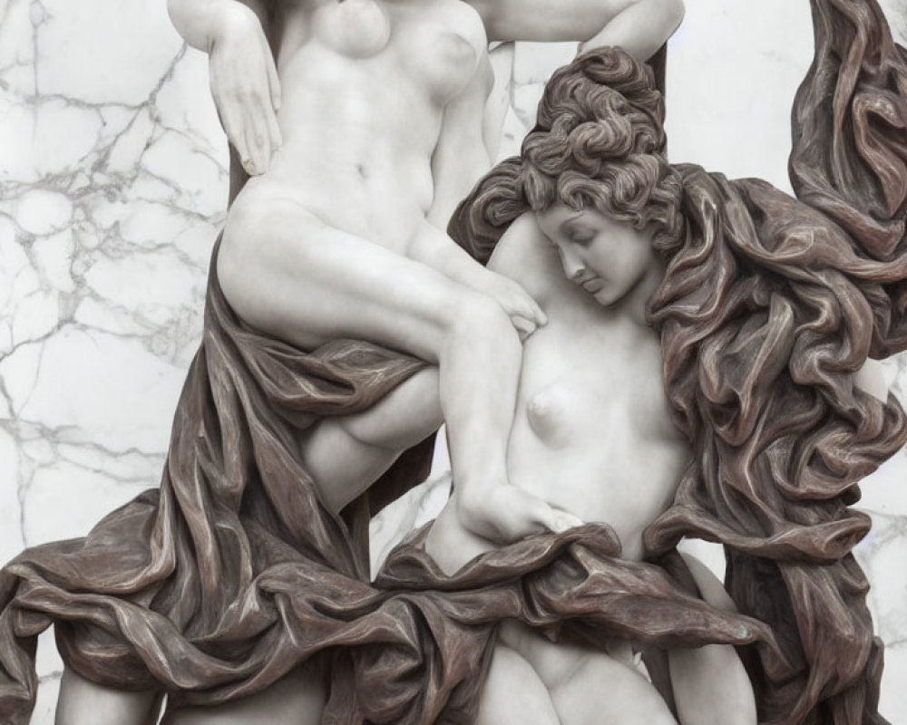 Intertwined figures sculpture with flowing drapery on marble background