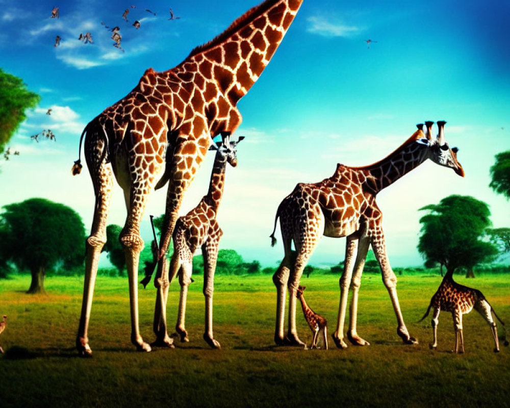 Group of Giraffes in Vibrant Savanna with Birds Flying