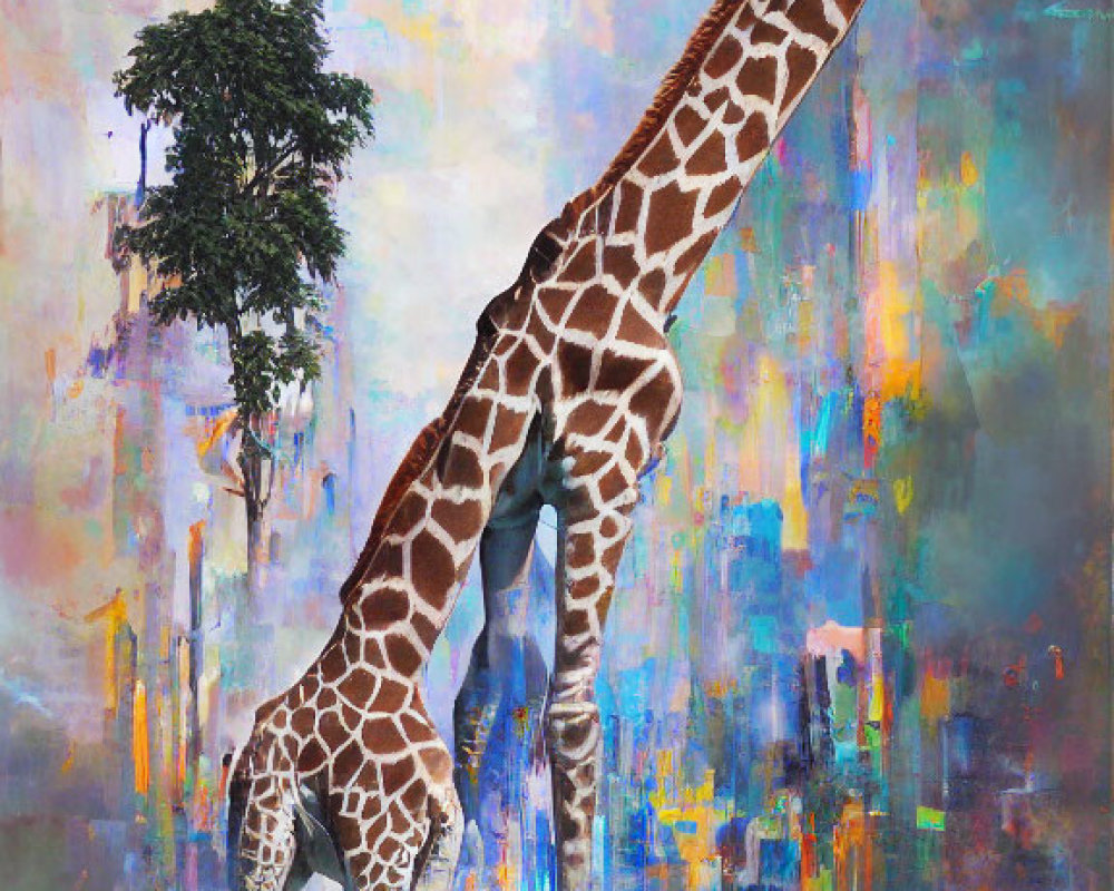 Giraffe against colorful abstract background with tree
