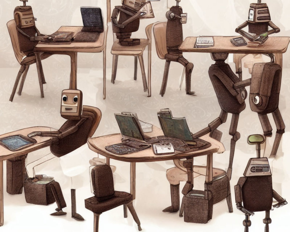 Anthropomorphic Computer Office Workers with Laptops and Phones