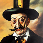 Surreal portrait with split face, wide-brimmed hat, mustache, and melting clock