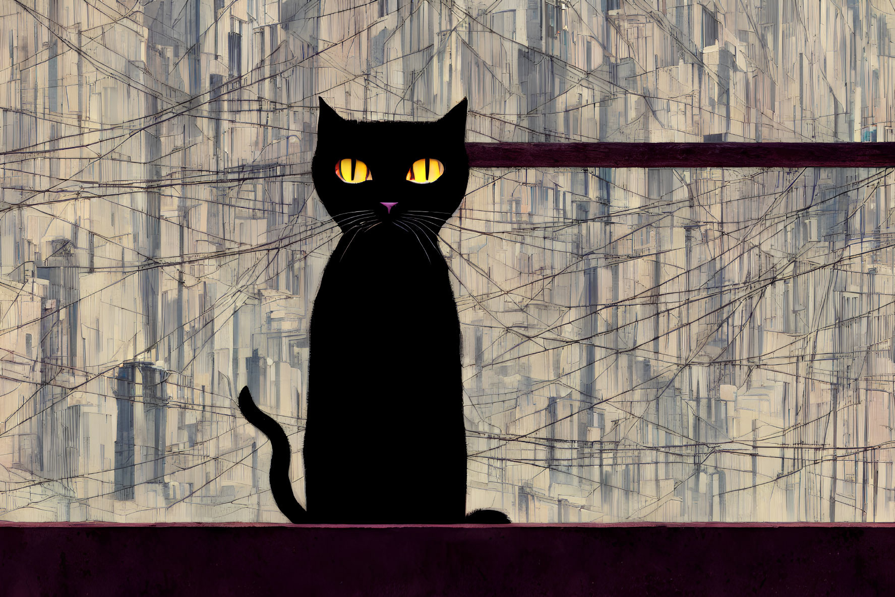 Black Cat with Glowing Yellow Eyes on Abstract Cityscape Ledge