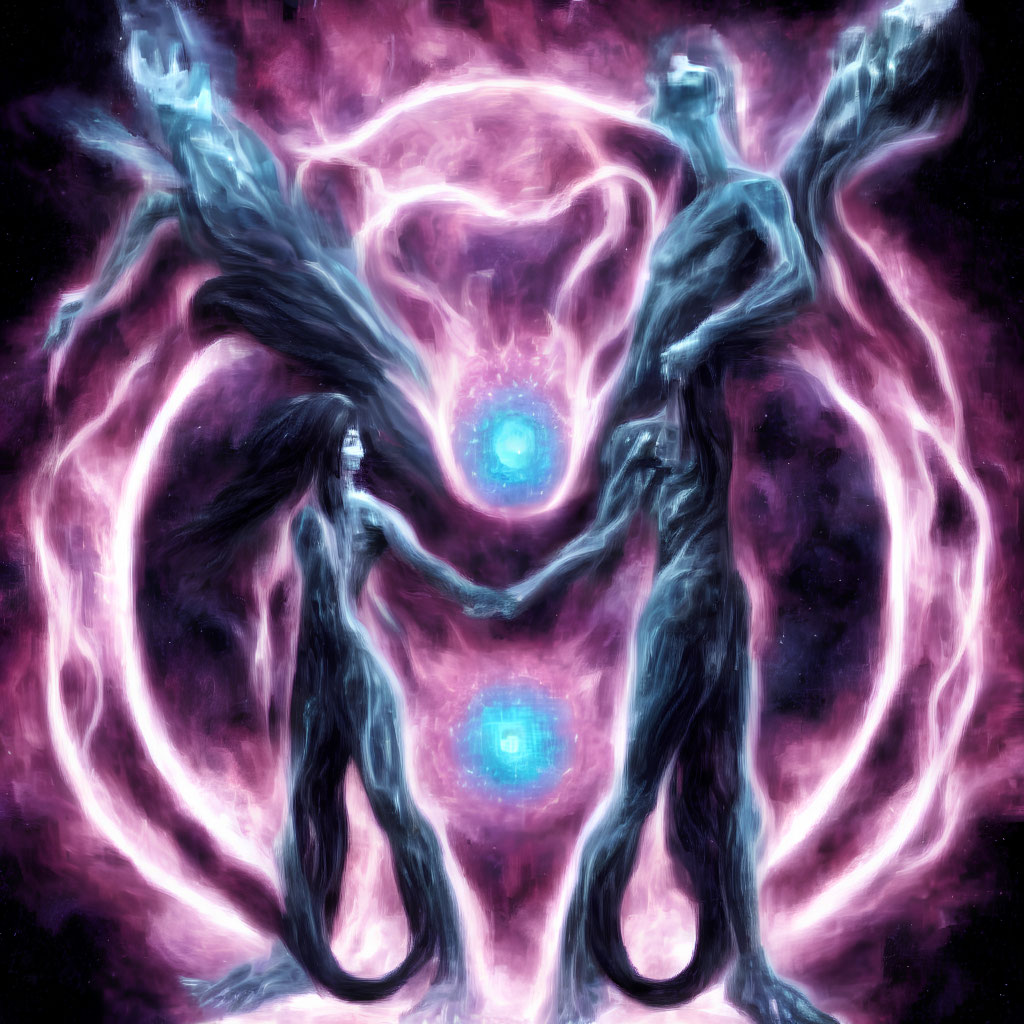 Symmetrical luminous beings in swirling pink and purple energy