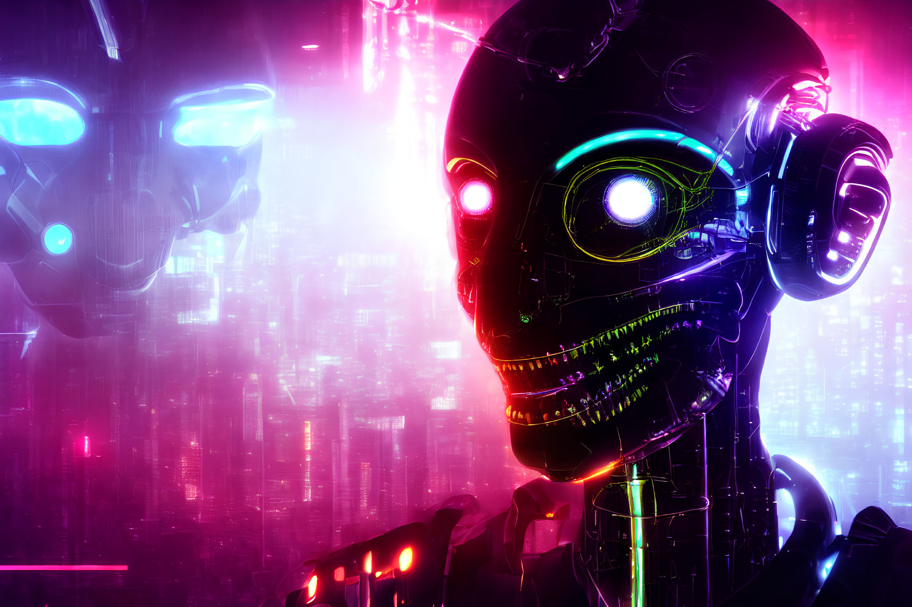Futuristic digital artwork featuring stylized robotic faces on neon backdrop