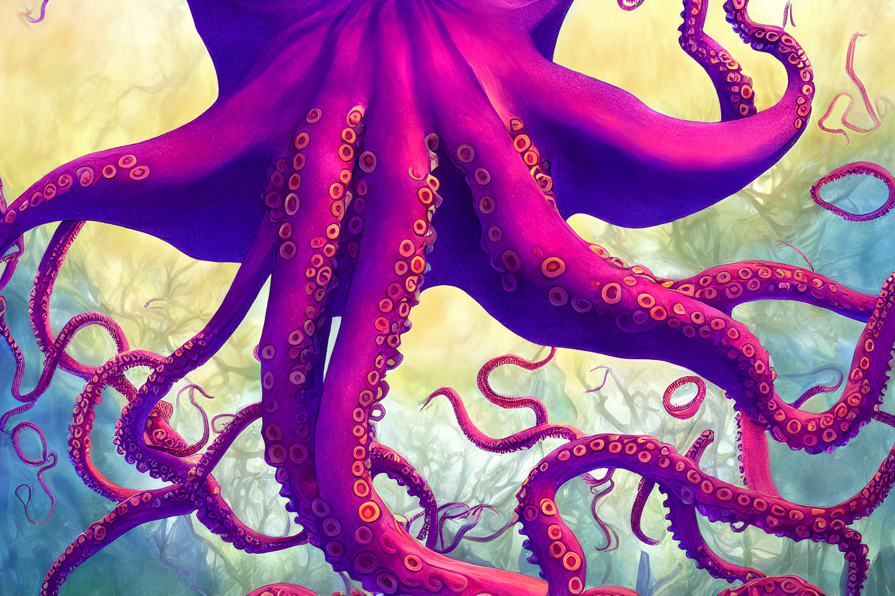 Colorful Purple Octopus Illustration with Extended Tentacles in Underwater Scene