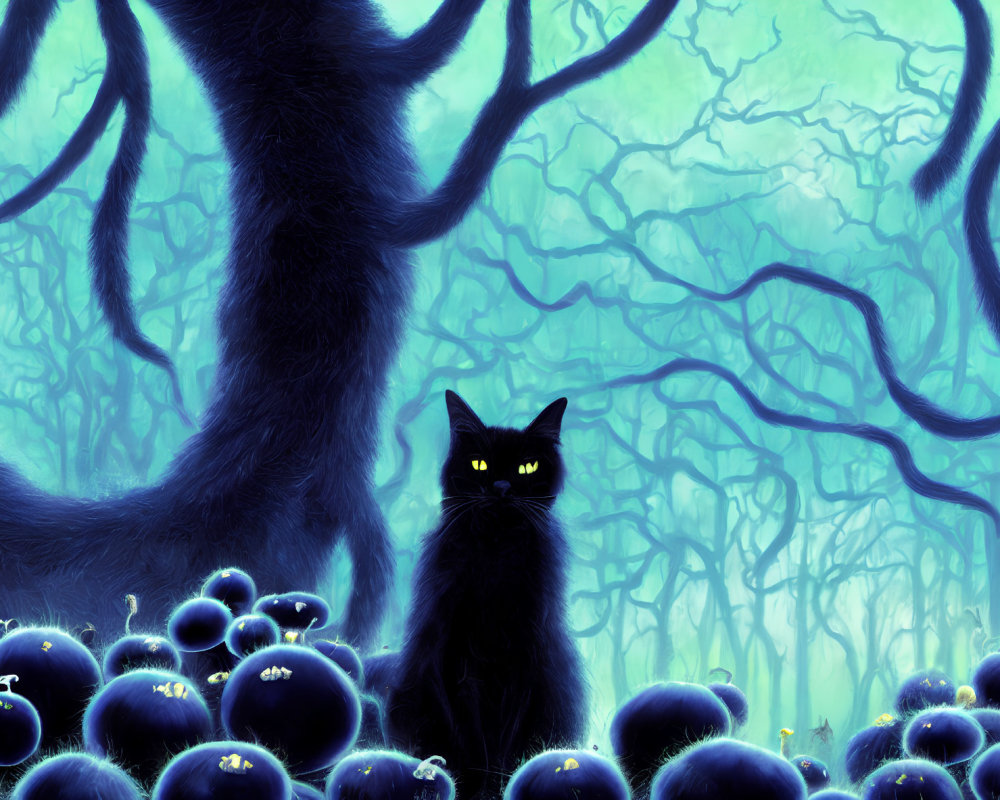 Black Cat with Glowing Eyes in Mystical Forest with Blue Mushrooms