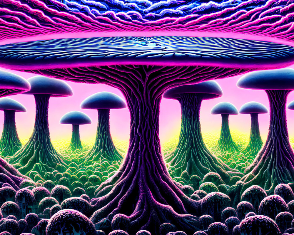 Vibrant surreal landscape with towering mushroom trees under pink and blue sky