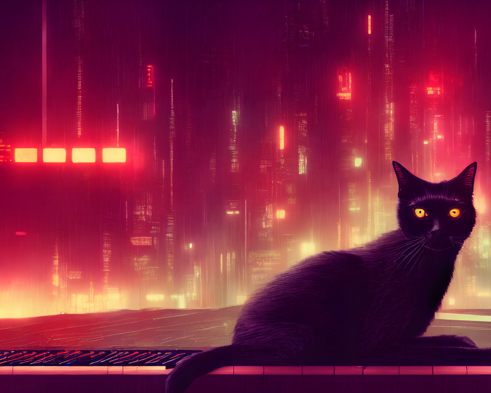 Black Cat with Yellow Eyes in Front of Neon-Lit Futuristic Cityscape