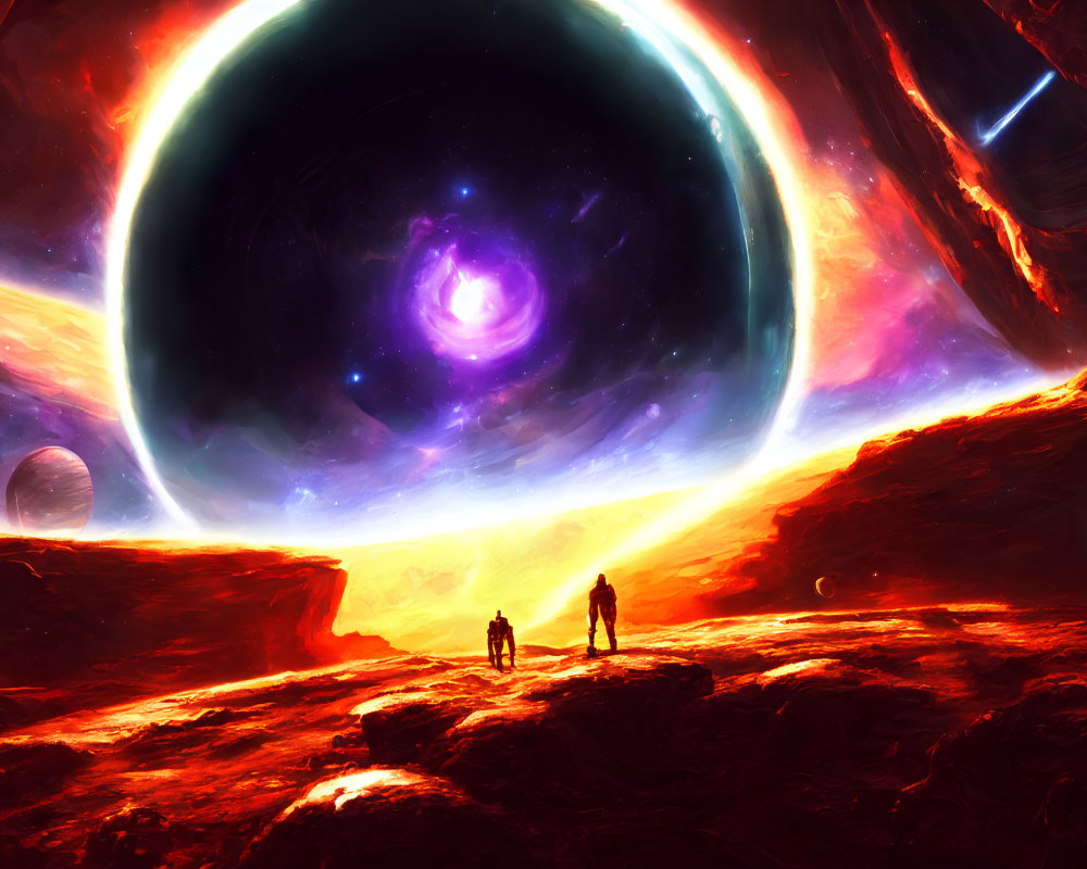 Silhouetted figures on rocky terrain with cosmic backdrop featuring black hole, nebulae, planets