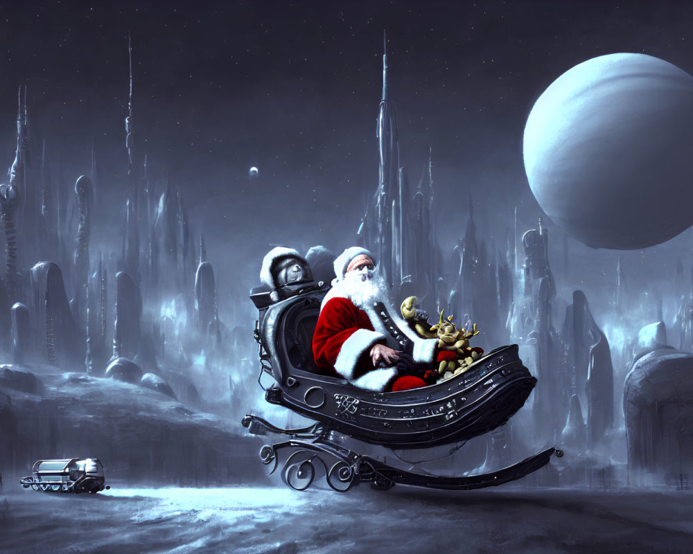 Futuristic Santa Claus with robot reindeer in sci-fi icy landscape