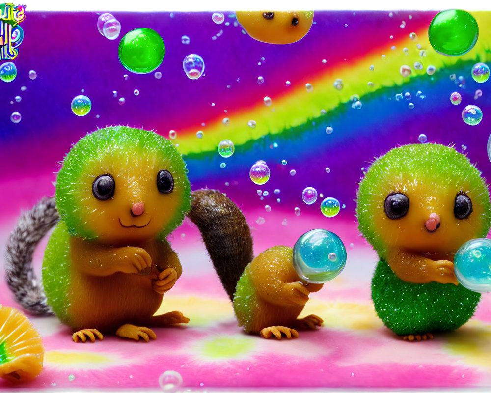 Colorful Toy Hedgehogs in Sparkly Soap Bubbles on Rainbow Background