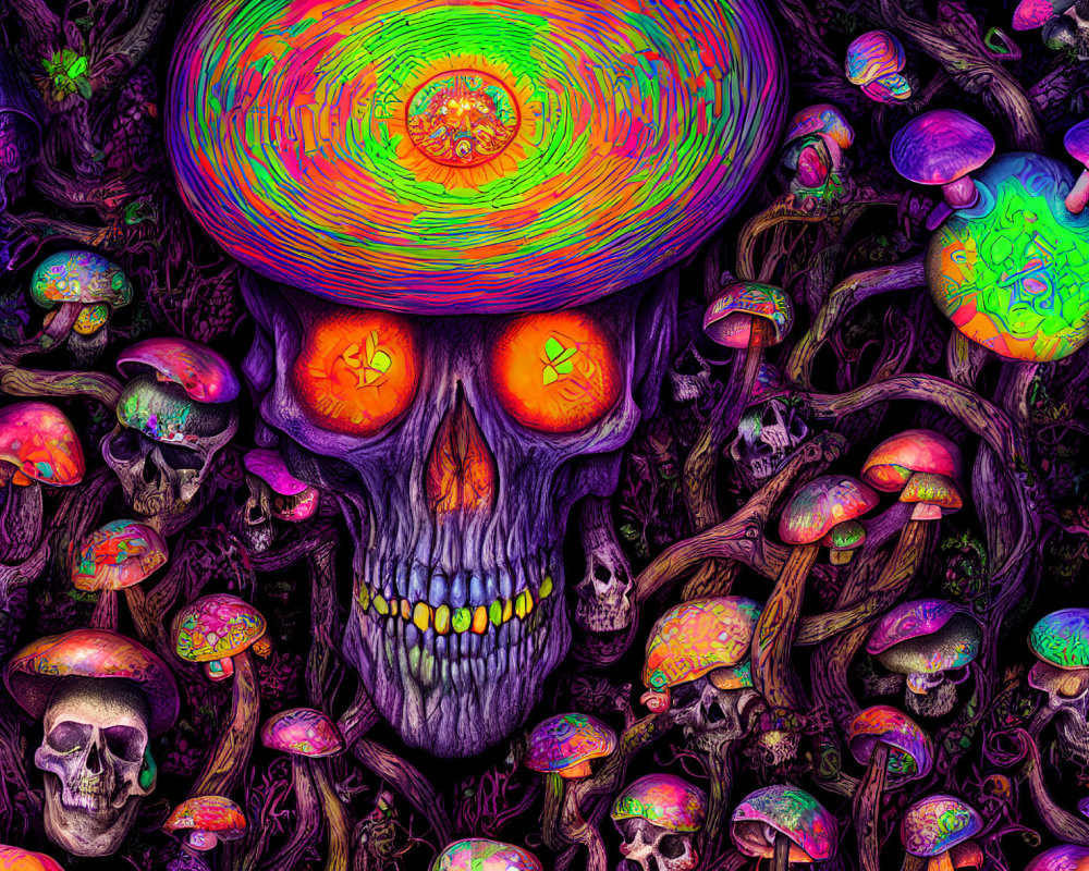 Colorful Psychedelic Artwork: Skull with Glowing Eyes & Mushrooms