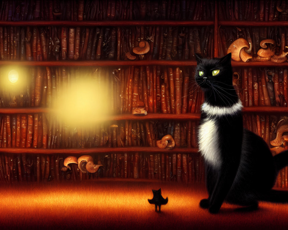 Black cat with white chest next to tiny silhouette in cozy room full of books