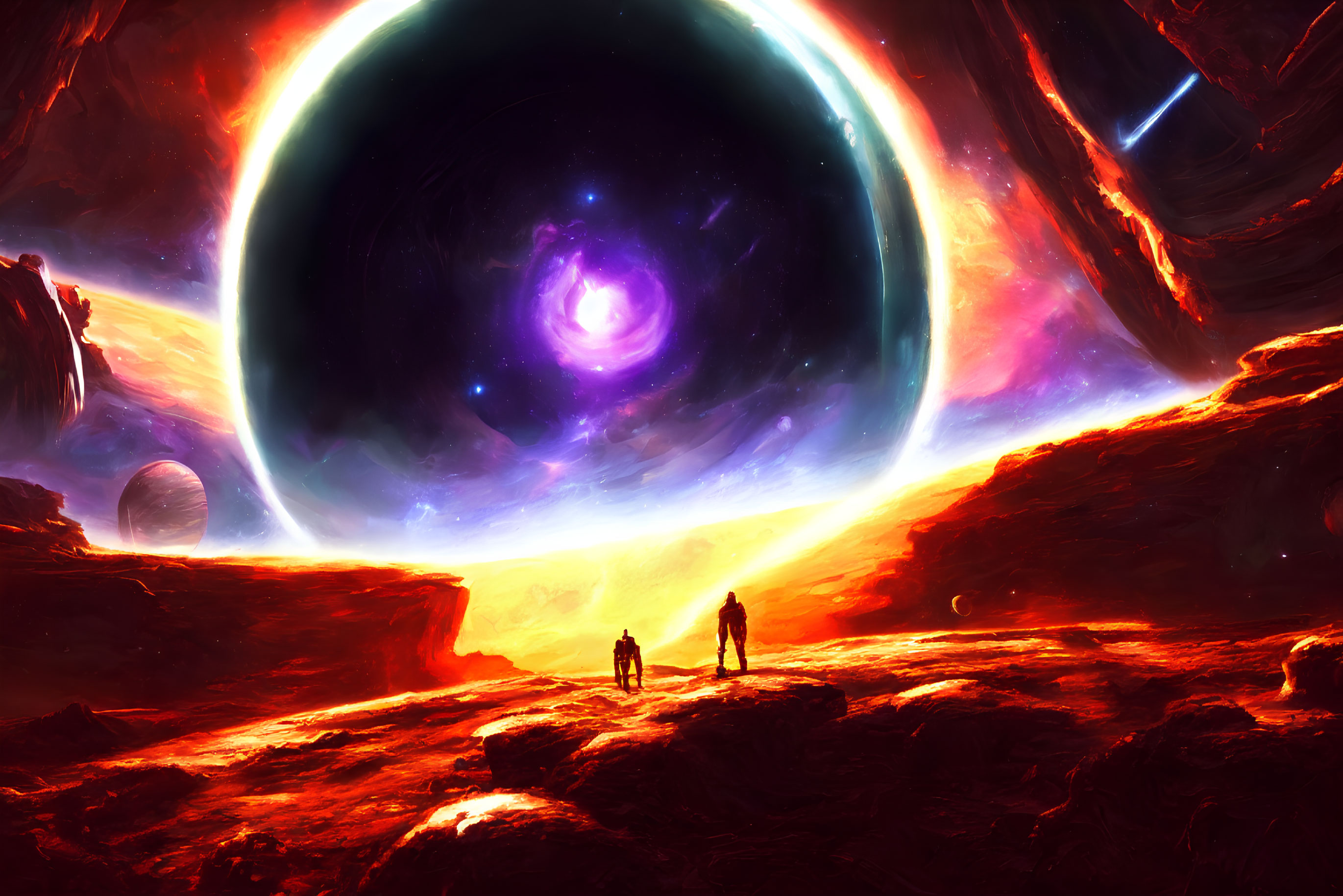 Silhouetted figures on rocky terrain with cosmic backdrop featuring black hole, nebulae, planets