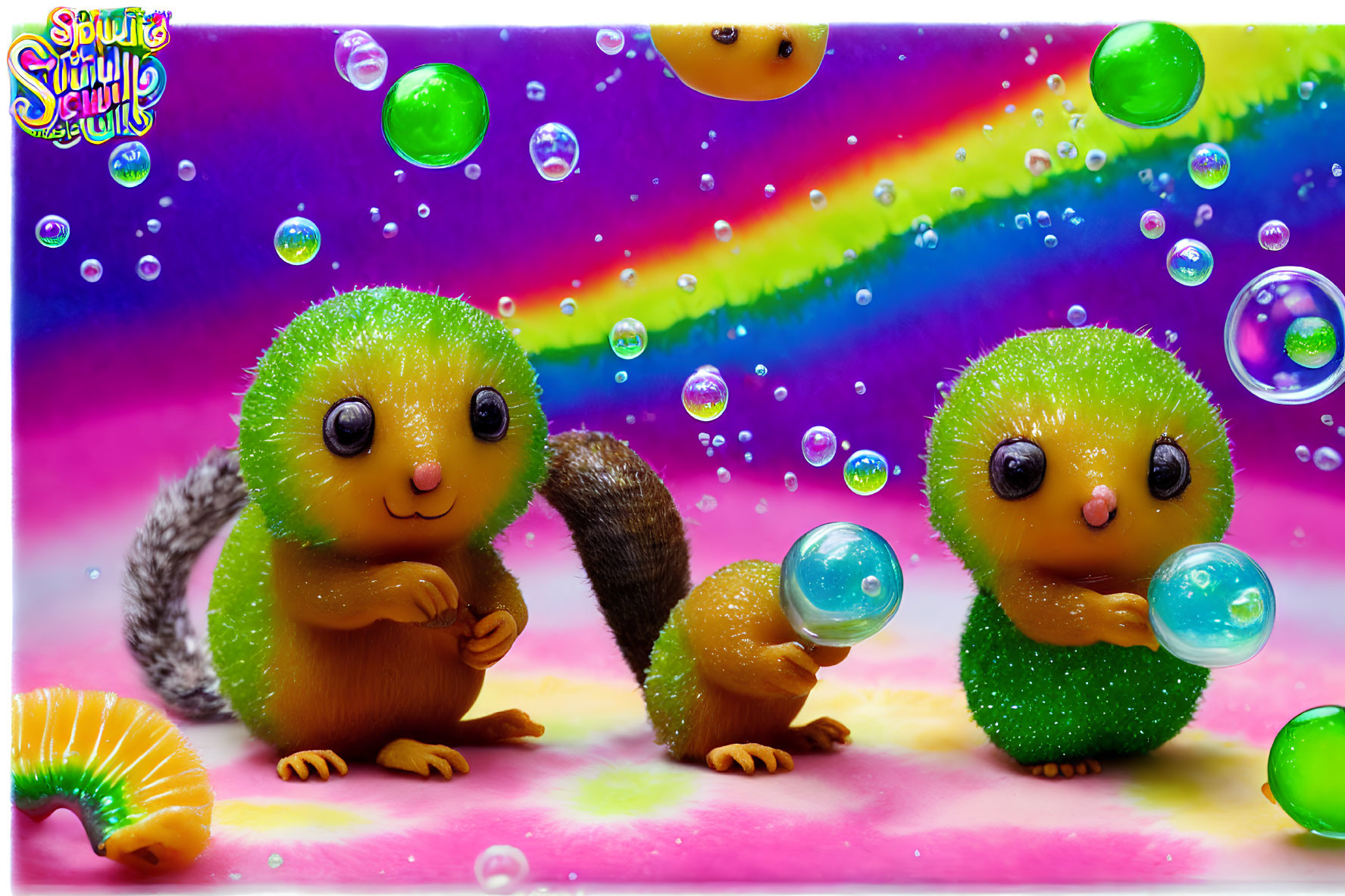 Colorful Toy Hedgehogs in Sparkly Soap Bubbles on Rainbow Background