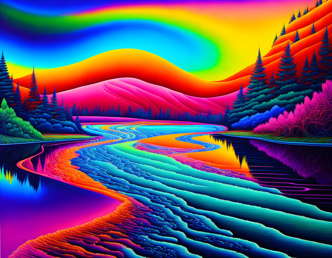 Colorful psychedelic landscape with neon trees, river, hills, and swirling sky