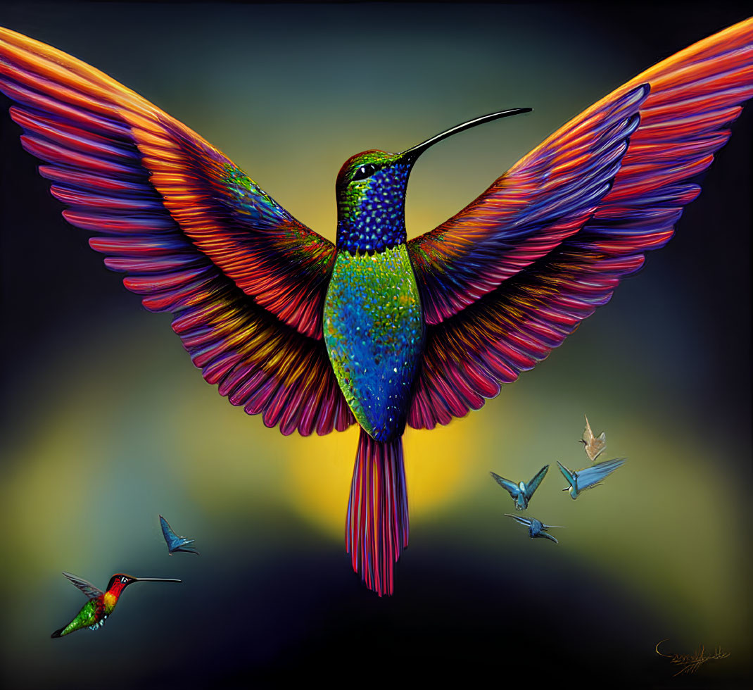 Colorful Hummingbird Artwork with Iridescent Feathers and Birds on Dark Background