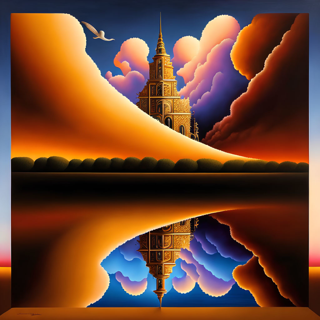 Surreal painting of ornate tower, water reflection, orange clouds, and bird