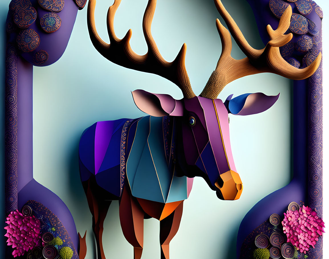 Colorful Geometric Stag Artwork with Ornate Spheres and Florals