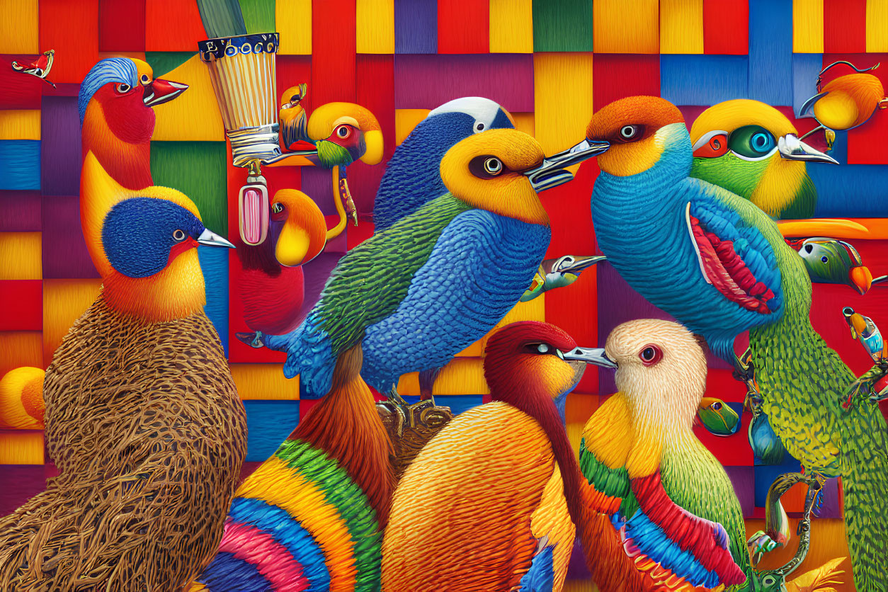 Vibrant whimsical bird illustrations in colorful settings