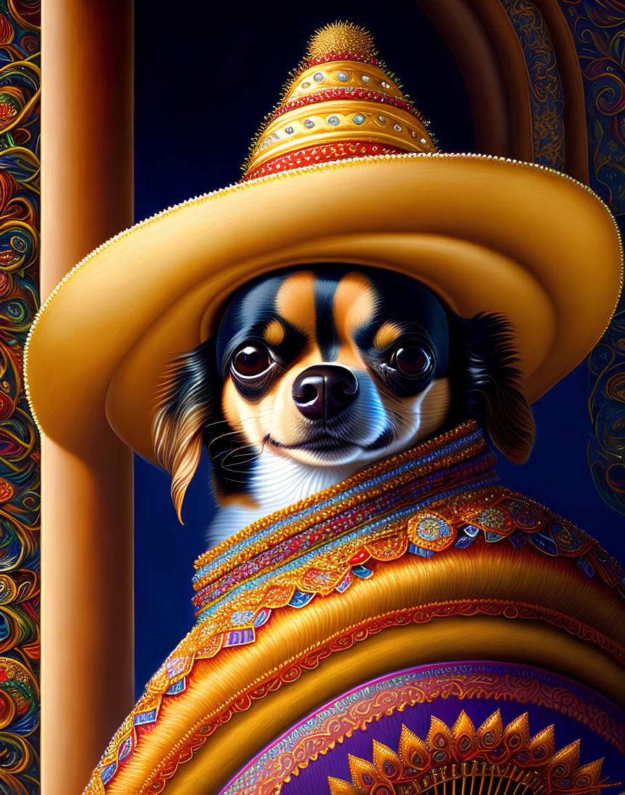 Colorful Digital Art: Chihuahua in Mexican Attire and Sombrero