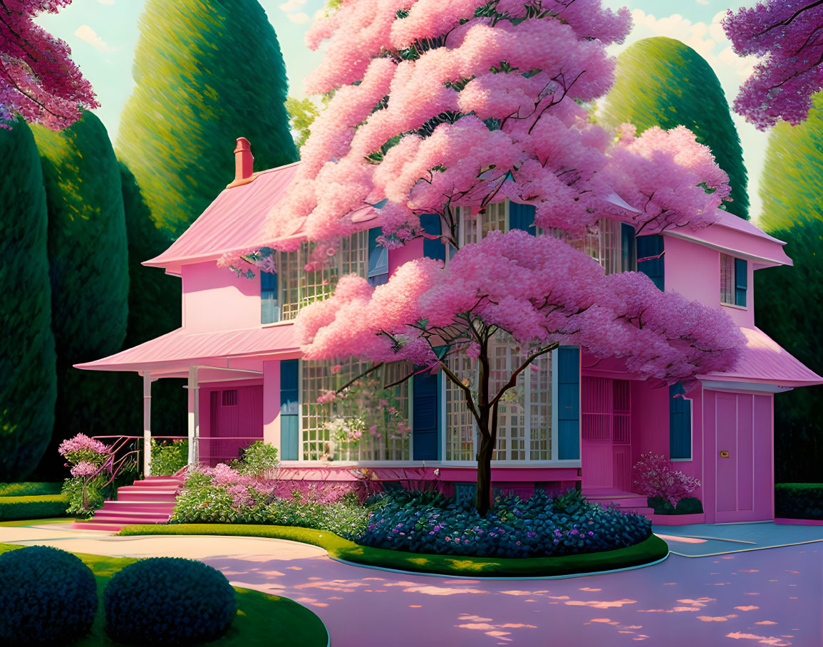 Pink two-story house with lush greenery and pink cherry blossoms under clear sky