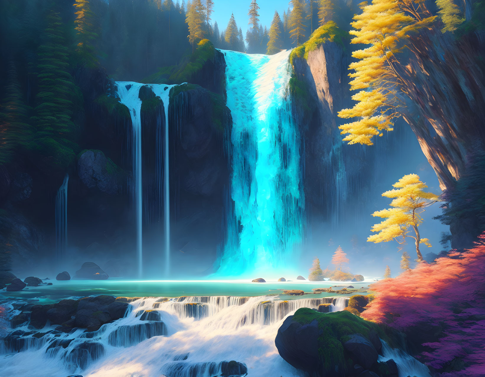 Majestic waterfall digital art with luminescent blue water