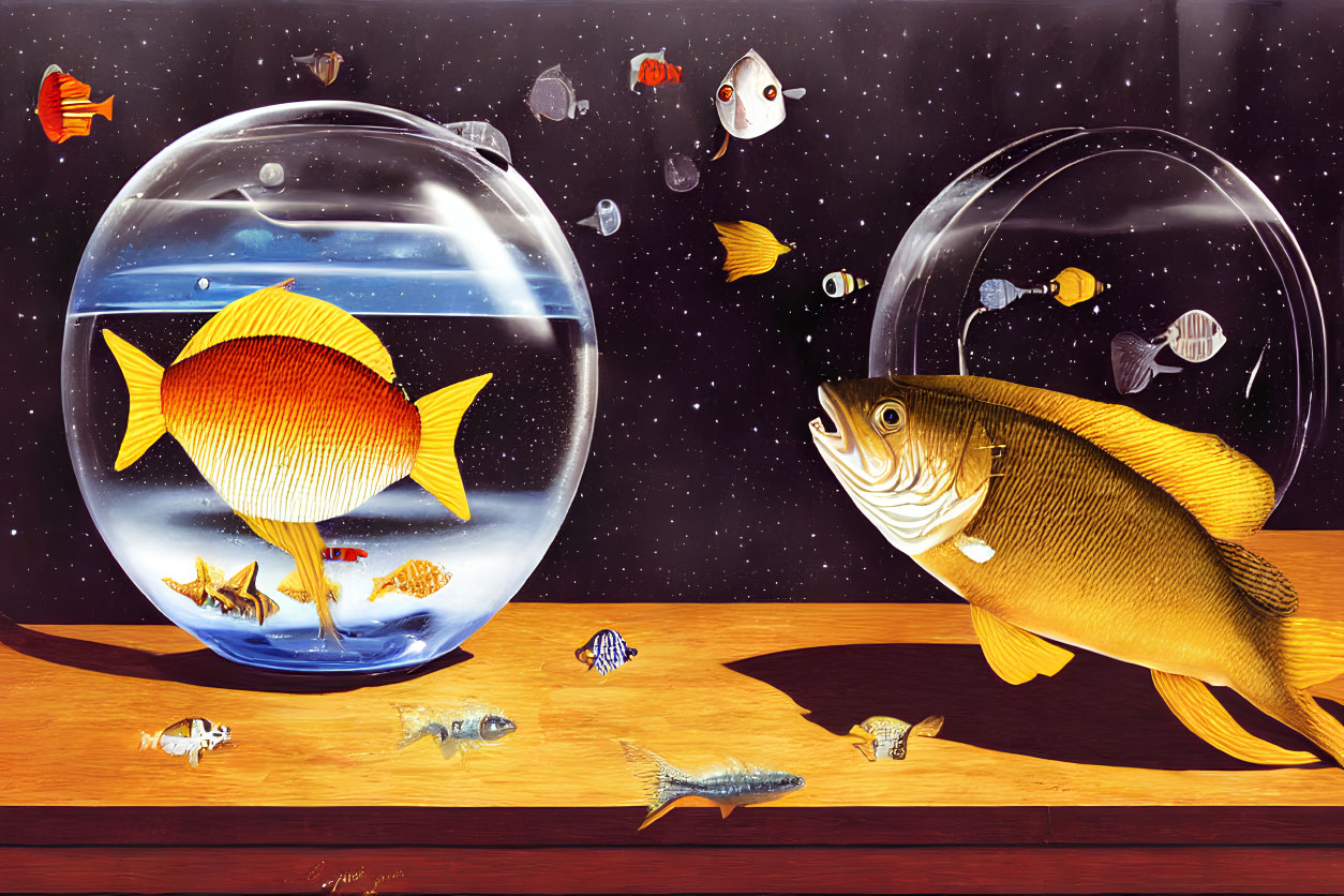 Surreal image of fishbowls on wood with floating fish