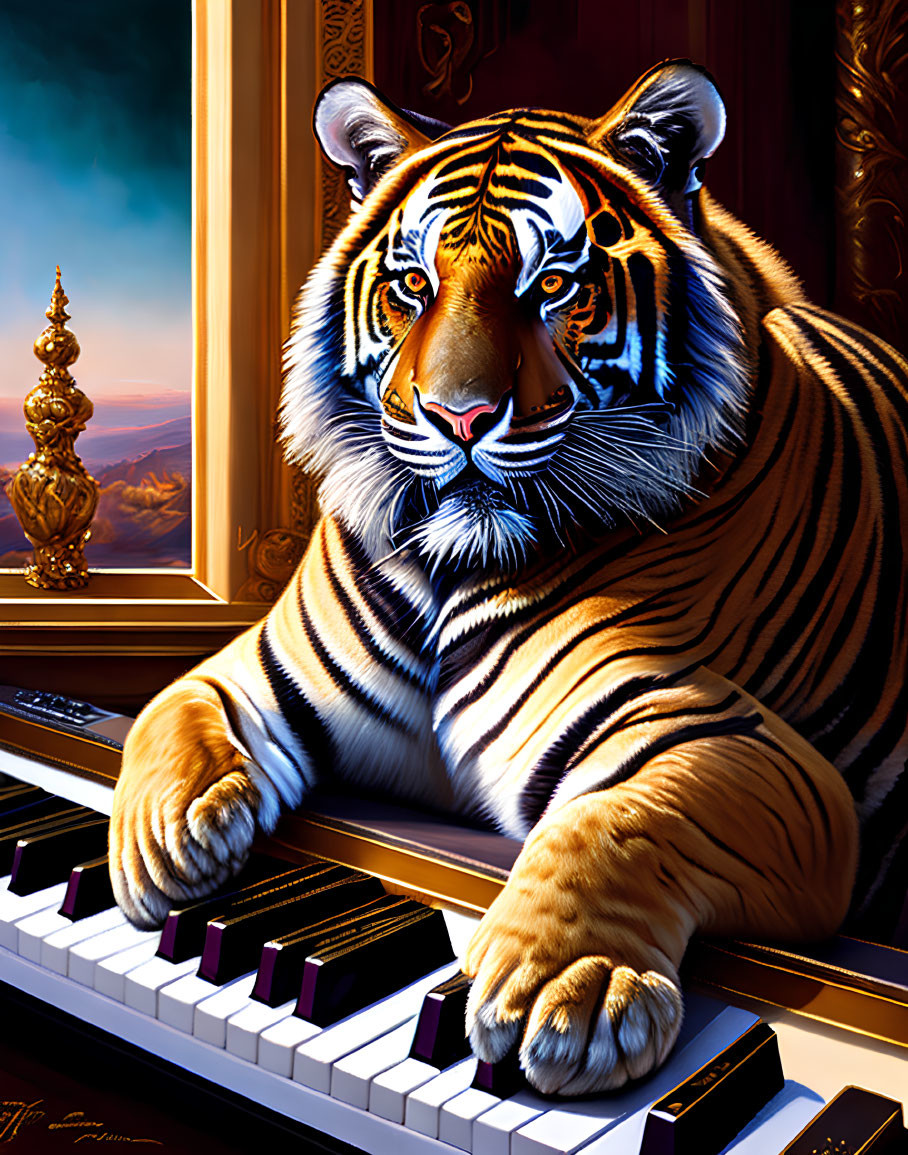 Illustration of tiger playing piano with ornate window and sunset