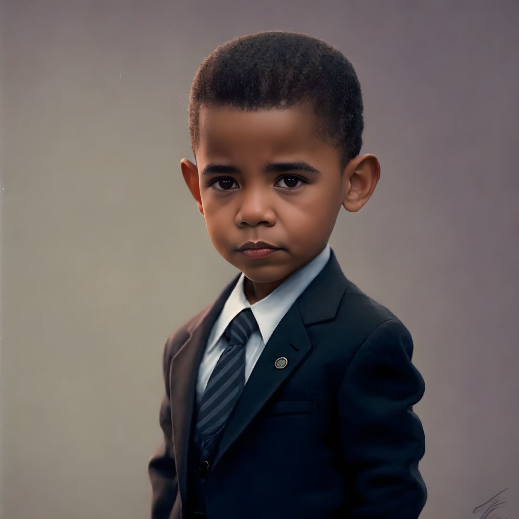 Serious young boy in navy-blue suit with tie and lapel pin