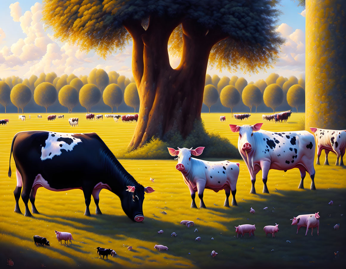Surreal landscape featuring oversized cows and pigs under a large tree and bright sky