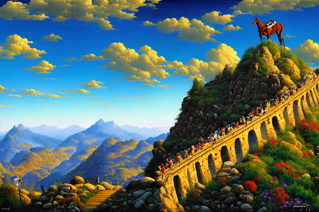 Colorful landscape with person on horse on ancient stone bridge overlooking mountains.