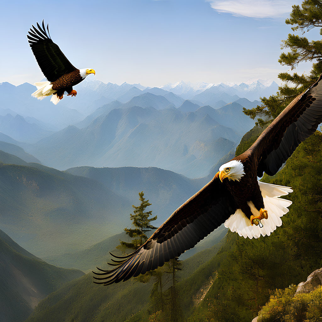 Majestic bald eagles flying over mountain landscape