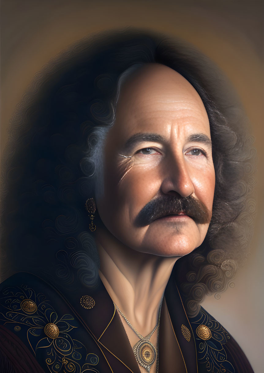 Regal man portrait with prominent mustache and gold attire