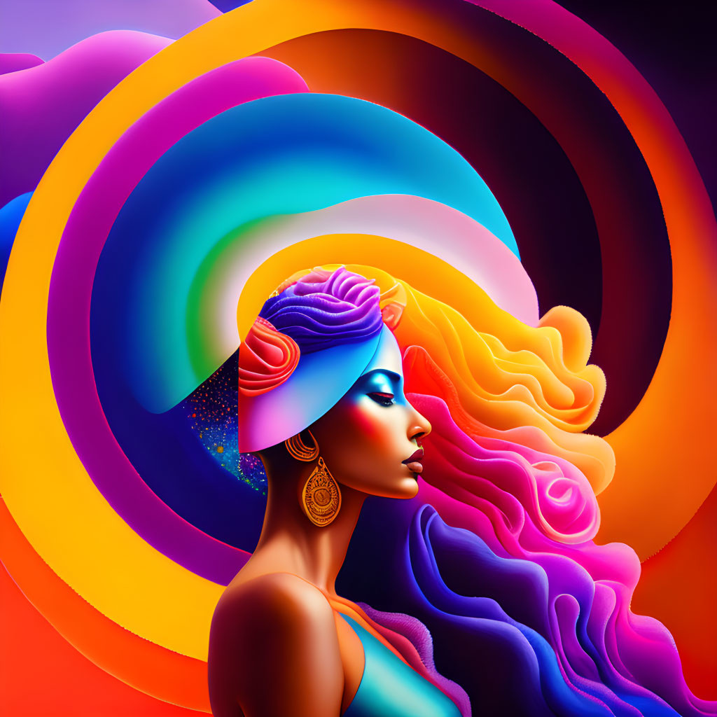 Colorful digital artwork: Woman profile with swirling patterns on vibrant background