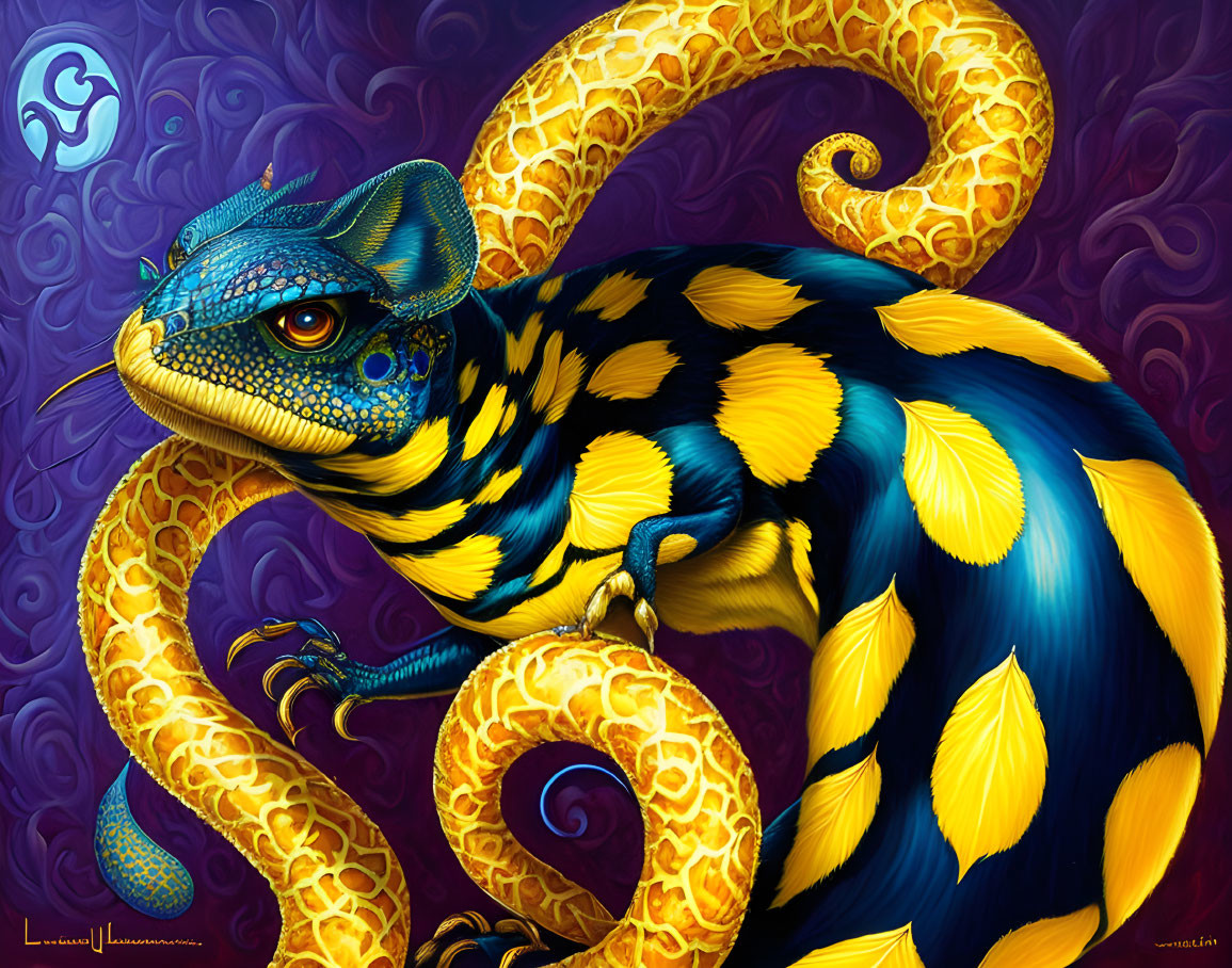 Colorful Fantasy Lizard with Blue Skin and Yellow Spots on Purple Background