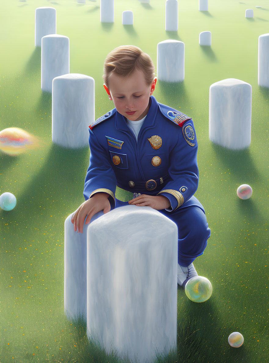 Young Boy in Blue Astronaut Uniform Examining White Stone in Field with Floating Bubbles