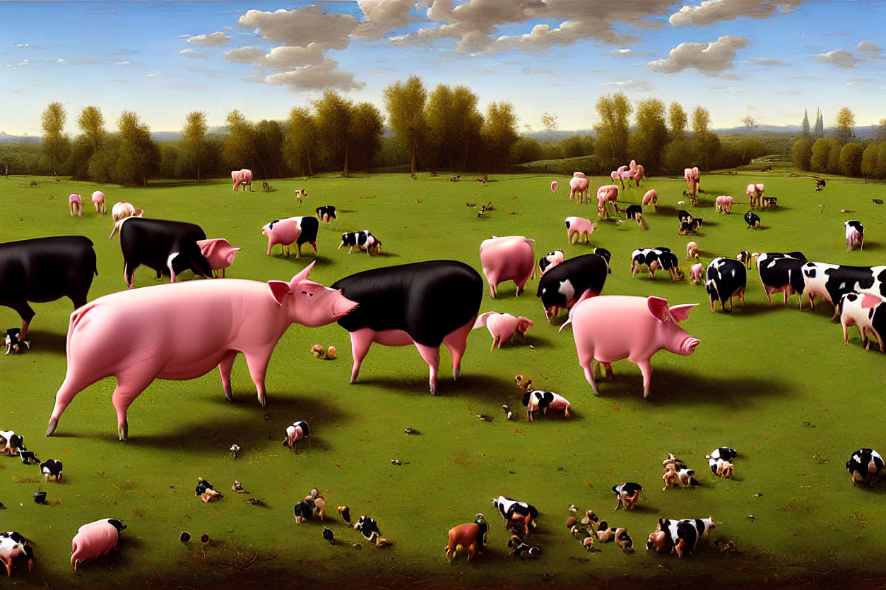Surreal landscape with oversized pigs and smaller cow figures under scattered clouds