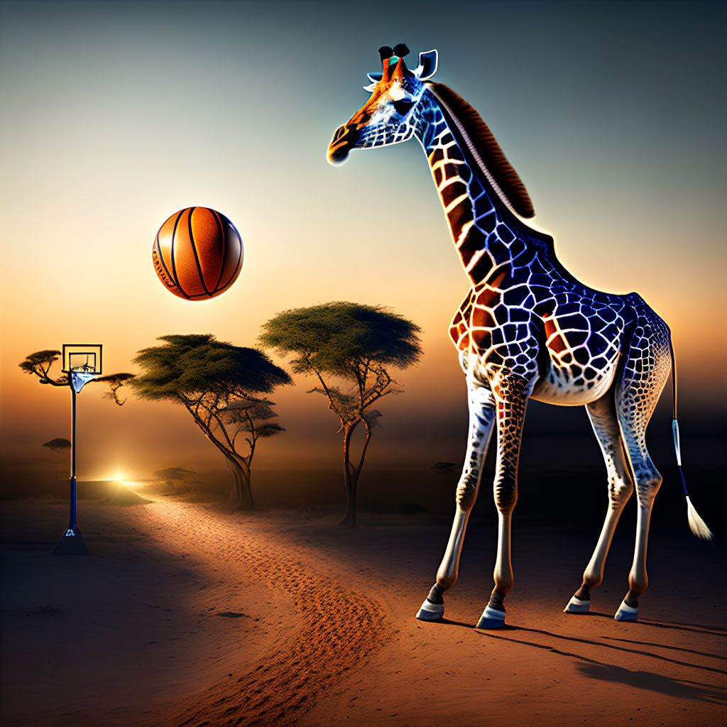 Stylish Giraffe with Hat and Glasses Playing Basketball at Sunset