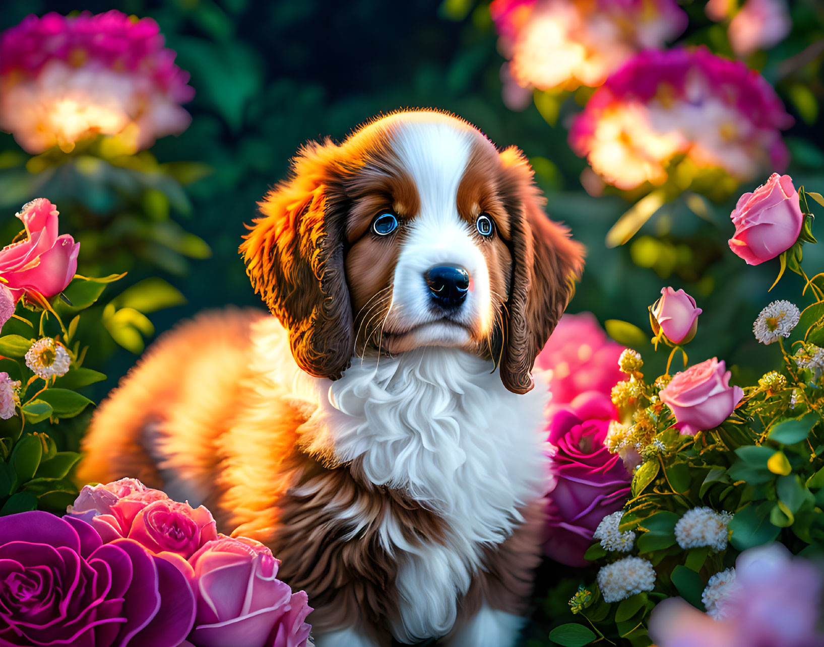 Fluffy tricolor puppy in pink rose garden with sunny background