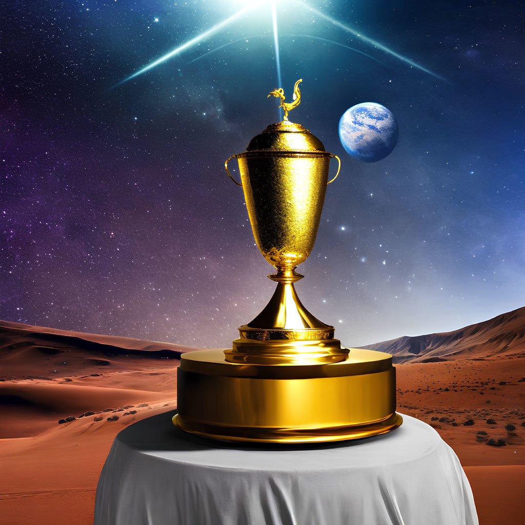 Golden trophy on draped pedestal in surreal desert landscape with star-streaked sky and oversized Earth.