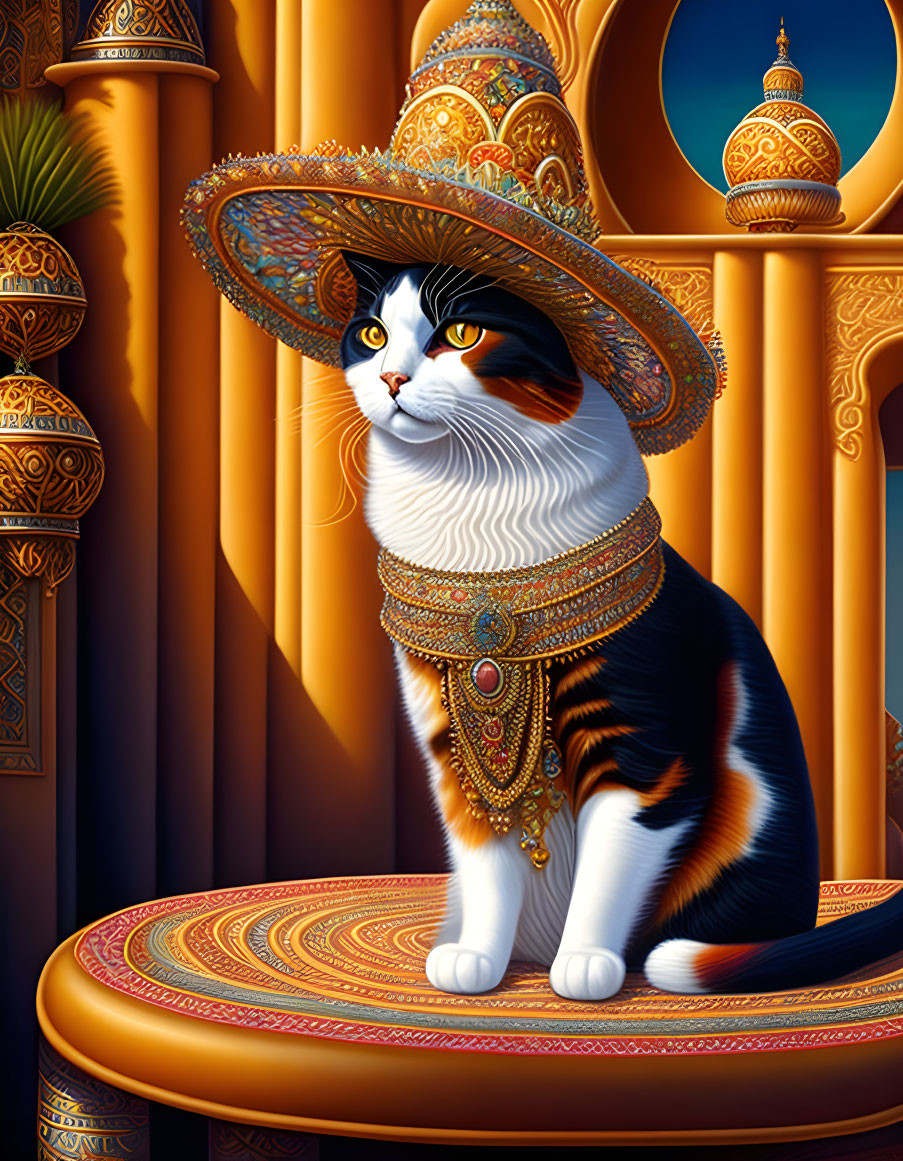 Regal cat in sombrero on ornate background